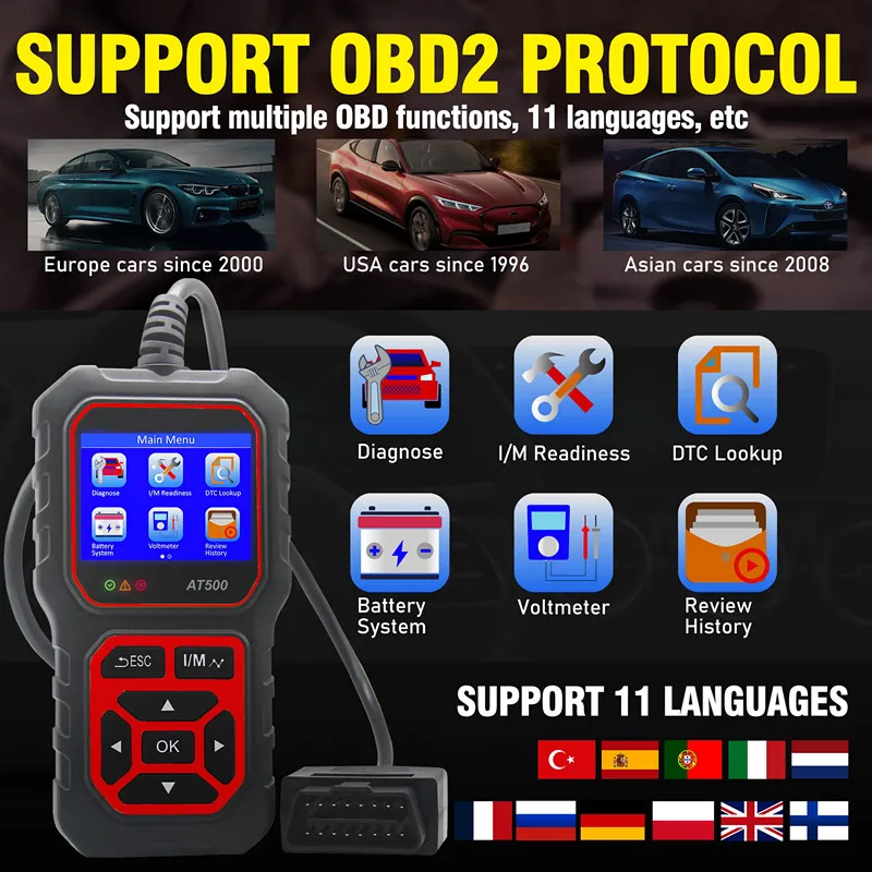 2025 Заводской Оригинальный AT5OO OBD II сканер OBD2 протокол 6V-12V-24V Запуск свинцово-кислотной батареи 11 видов языка