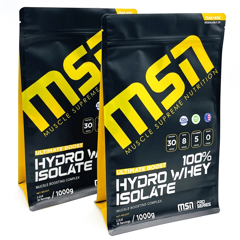 Custom Design Printing Whey Protein Supplements Powder Pure Foil Packaging Pouch Ziplock Flat Bottom Bag