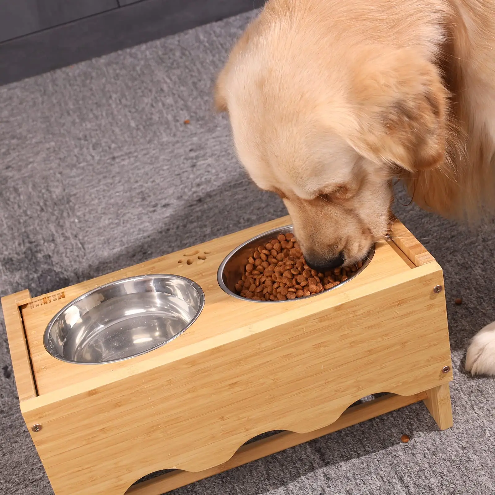 Custom Logo Wooden Bamboo Cat Pet Puppy Dog Stainless Steel Feeding Travel Water Pet Bowl Feeder Wooden Dog Bowls With Stand
