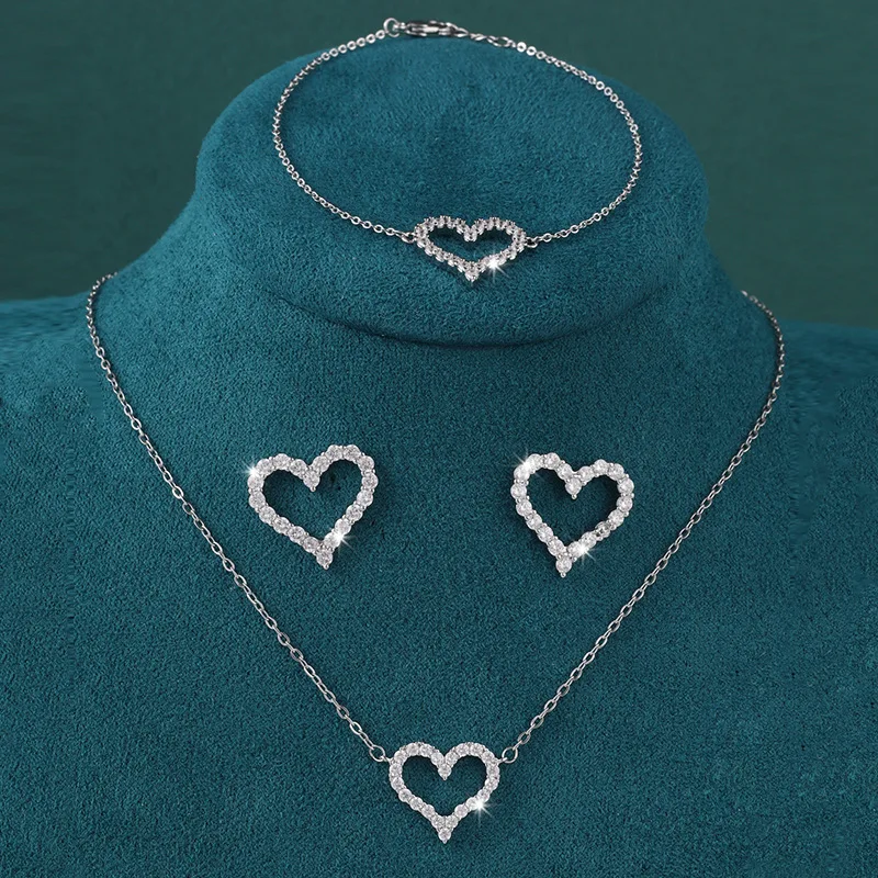XL044-B-05351 Super Flash Hollow Peach Heart Bracelet Necklace Earrings Set of Four Pieces Fashion Versatile Love Jewelry Set