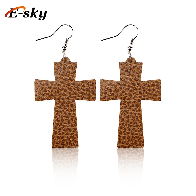 Exotic Cross Earrings Women Lychee Pattern Cork Wood Plaid Weave Pattern Leather Earrings