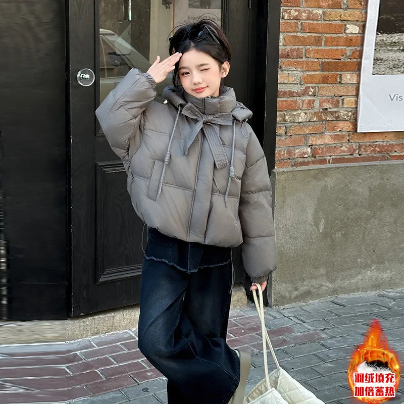 2024 New Teenagers Girls Winter Children Girl Solid Purple Gray Black Thicken Warm Down Coat 5-15 Years