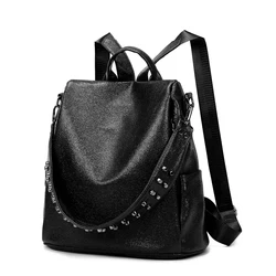 high quality soft PU leather wholesale young teenager casual backpack large capacity solid color backpack with rivet decoration