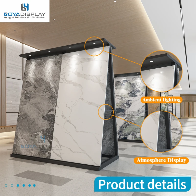 Customize High Quality Double Side Metal Stone Granite Marble Stone Big Slab Display Stand Rack With Light