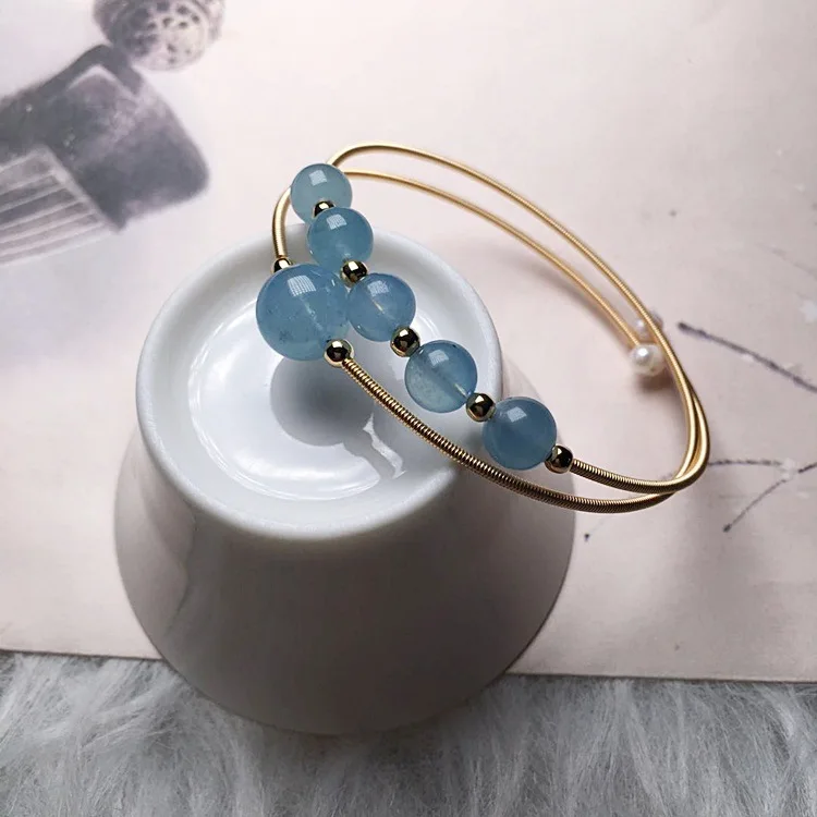 trendy handmade jewelry blue handmade wire crystal bracelet gold bracelets Bangles open aquamarine beaded bracelets with pearls