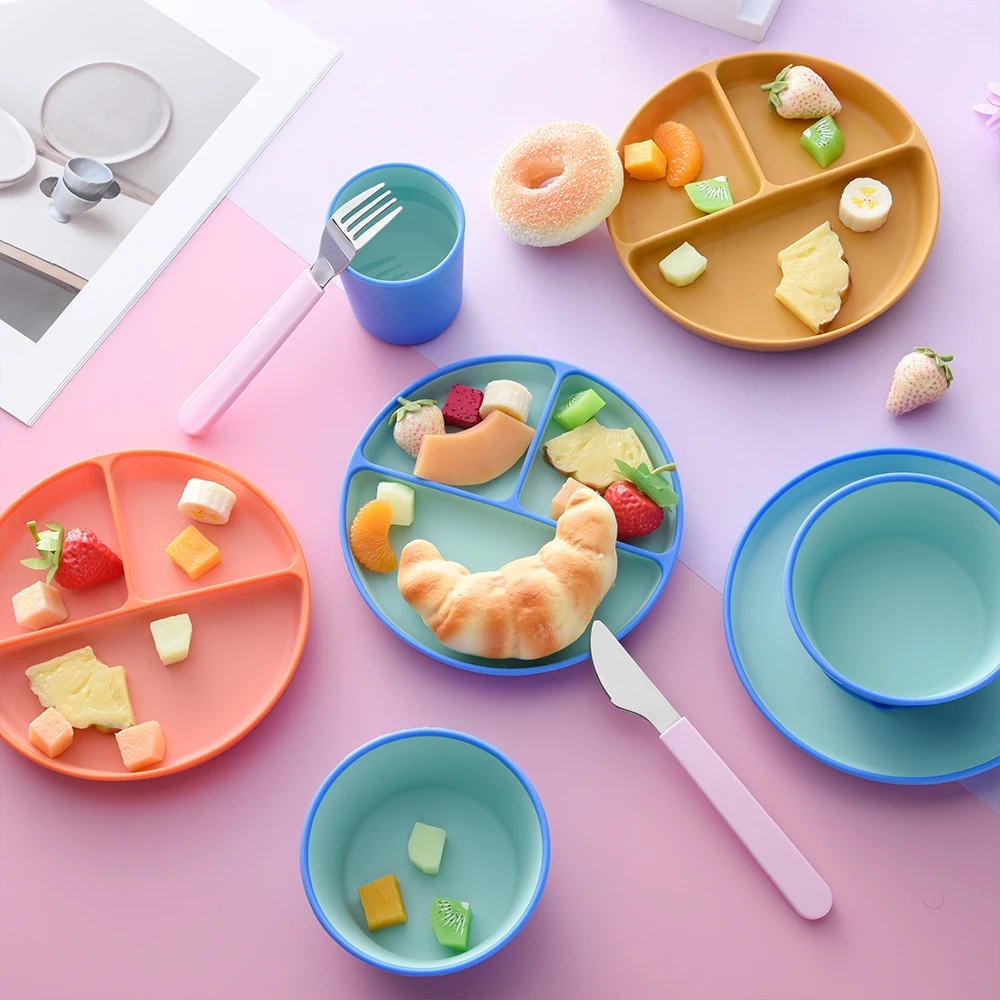 Customs Newborn Baby Plates Bowl With Utensils Toddler Tableware Food Grade Silicone Baby Feeding Set