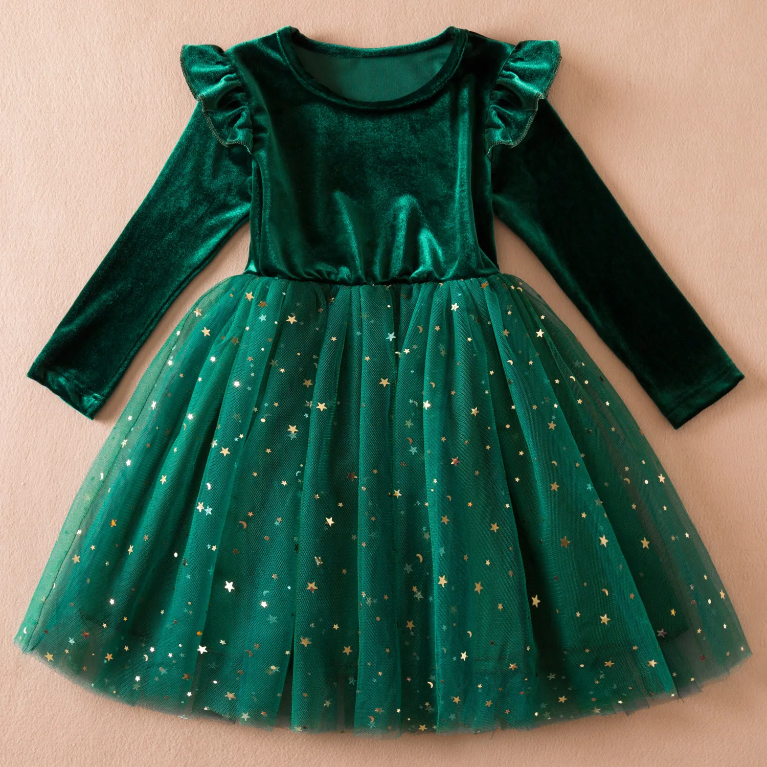 High quality autumn winter kids girls sequin dresses flutter velvet long sleeve glitter Christmas ruffle tulle princess dress