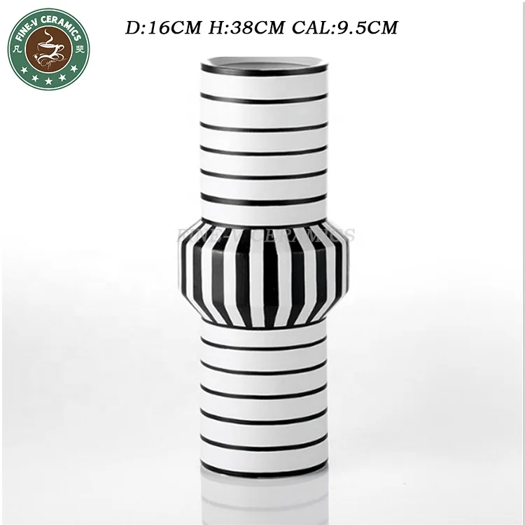 Modern simple creative black and white stripe flower arranger decoration sample house home soft decoration large  ceramic vase