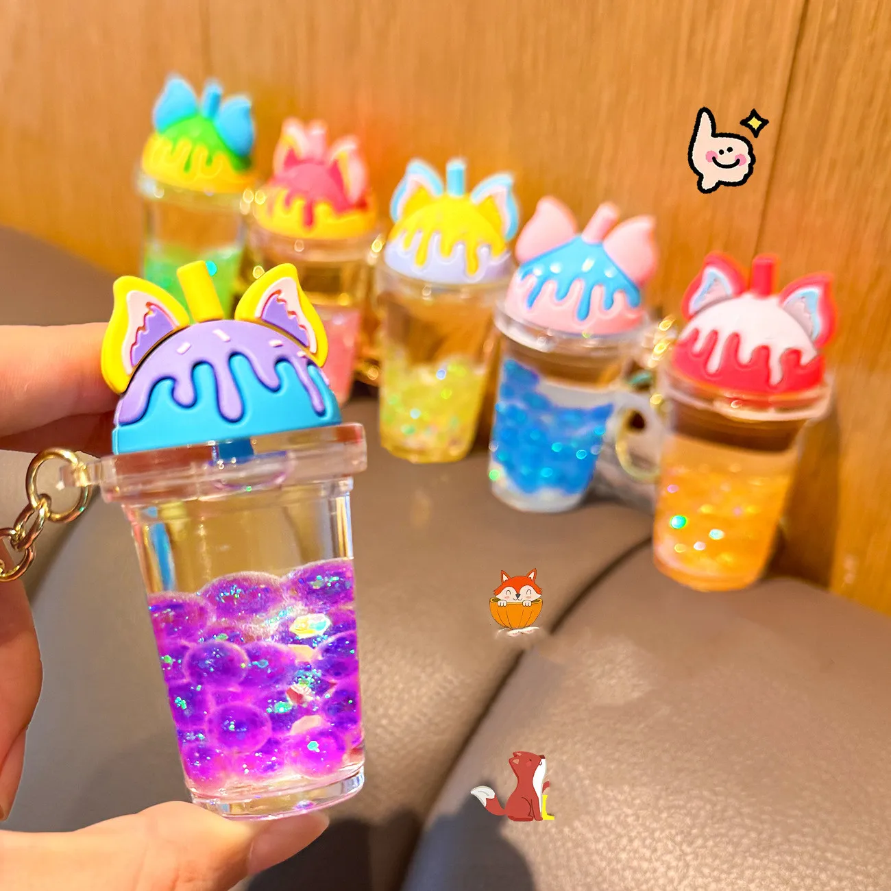 20234 New Cute Acrylic Keyring Key Chain Ring Oil Floating Little Cartoon Bubble Boba Quicksand Milk Tea Cup Liquid Keychain