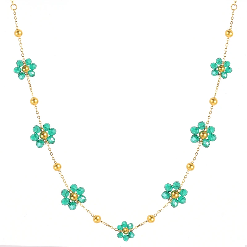 Trendy Colorful Flower Beaded Necklace Choker Bracelet for Women 316L Stainless Steel Jewelry Gold Plated Waterproof Charm Gifts