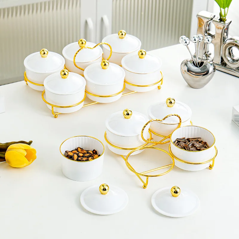 Light Luxury Divided Dim Sum Refreshment Tray with Lid Fruit Melon Sown Snack Dried and Nut Plate for High-end Living Room