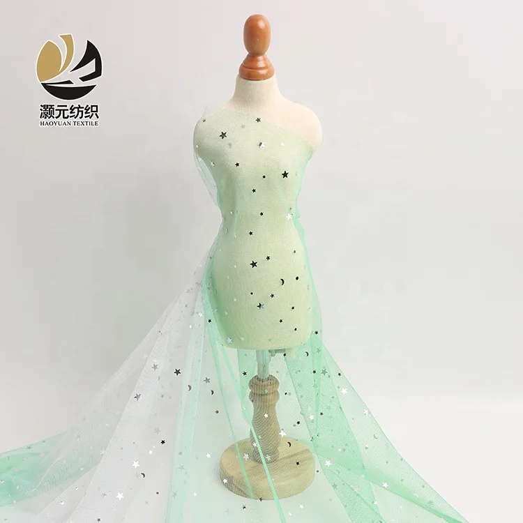 Светло-зеленый градиентный цвет 100 полиэстер Луна и звезда серебряные блестки тюль ткань для свадебного платья