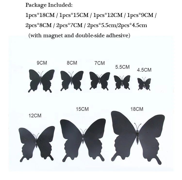 12Pcs/set 3D Black Pteris Butterfly Wall Sticker Living Room Home Ornament Clip Butterflies Pin Magnet Fridge Stickers