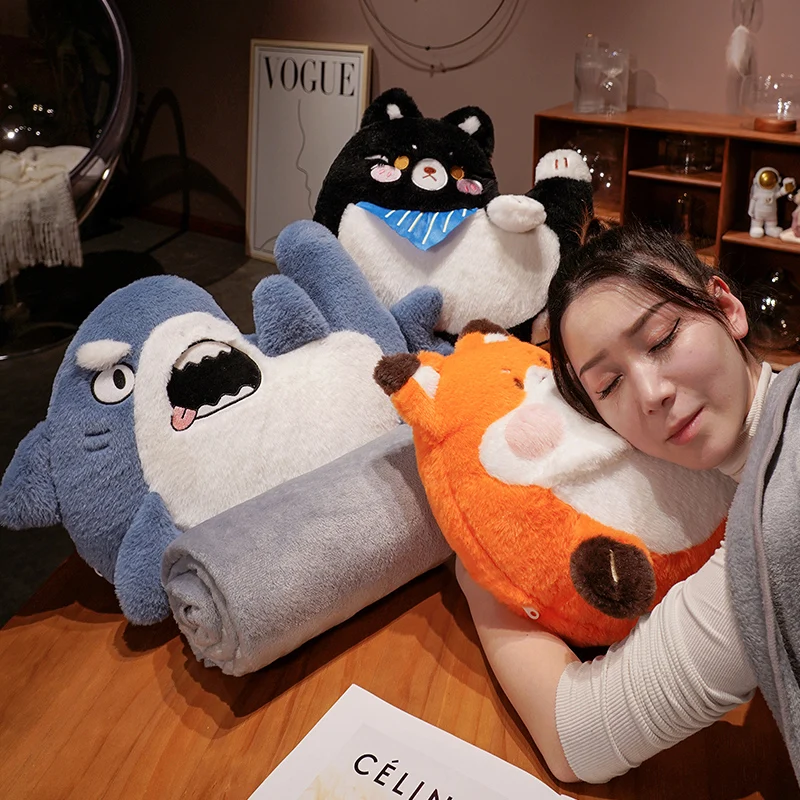 Animal Cushion Cute Soft Cartoon Fox Shark Cat Pillow Blanket for Car