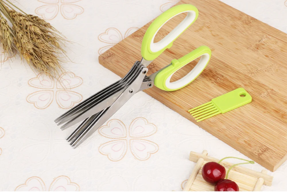 Multi-Layers KItchen Scissors Scallion Cutter Herb Laver Spices Cook Tool Cut Multifunctional 5 Layers Stainless Steel Knives
