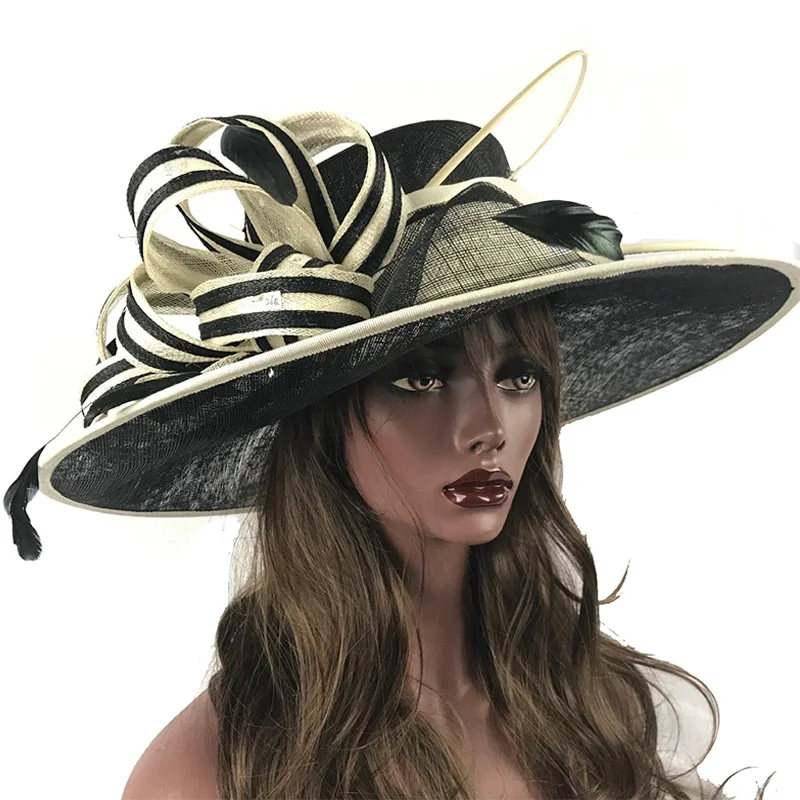 ABPF широкополая женская шляпа из ткани Sinamay для церкви и