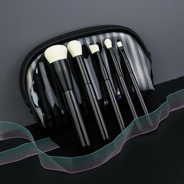 5Pcs Cosmetic High Quality Wood Handle Premium Makeup Brush Set Vegan White Synthetic Fibre Hair Black Brushes Makeup with Bag