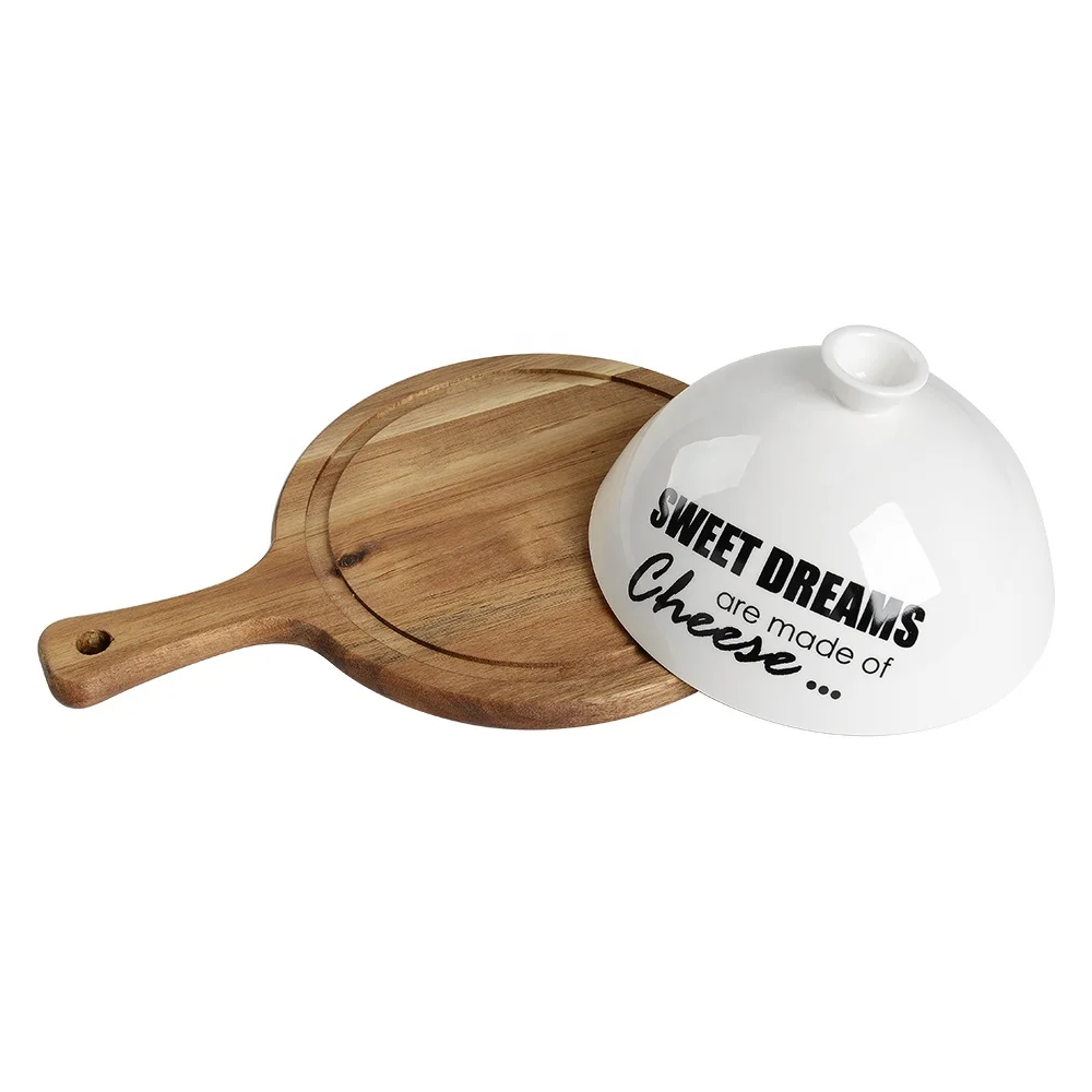 Белая керамическая тарелка для масла и сыра с бамбуковой крышкой