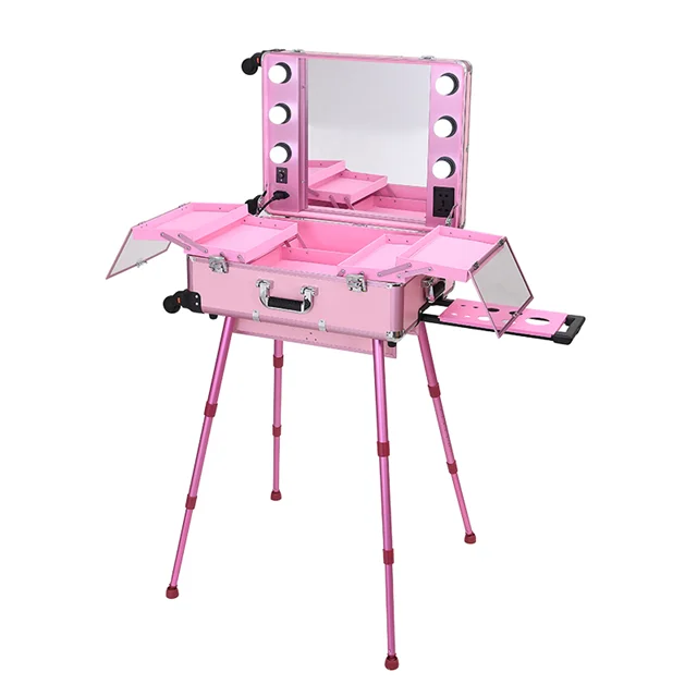 Aluminium trolley cosmetic case with lights mirror and stands, Makeup aritist hairdressing beauty trolley case