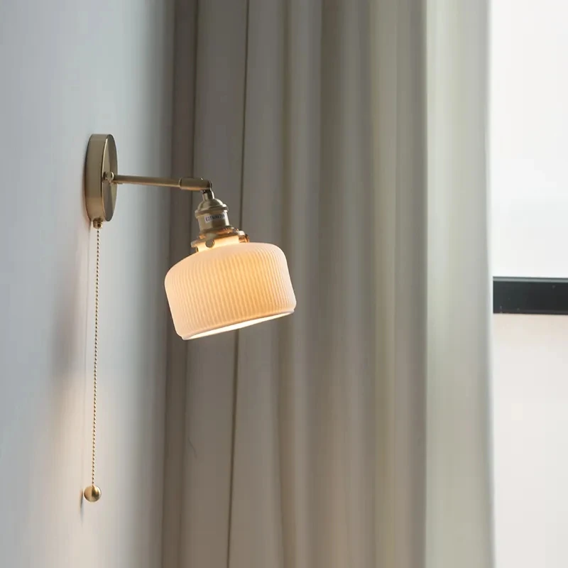Brass Ceramic Lampshade Pull Wire Switch Swivel Sconce For Bedroom Bedside Wall Light Home Decoration Vintage Wall Lamp