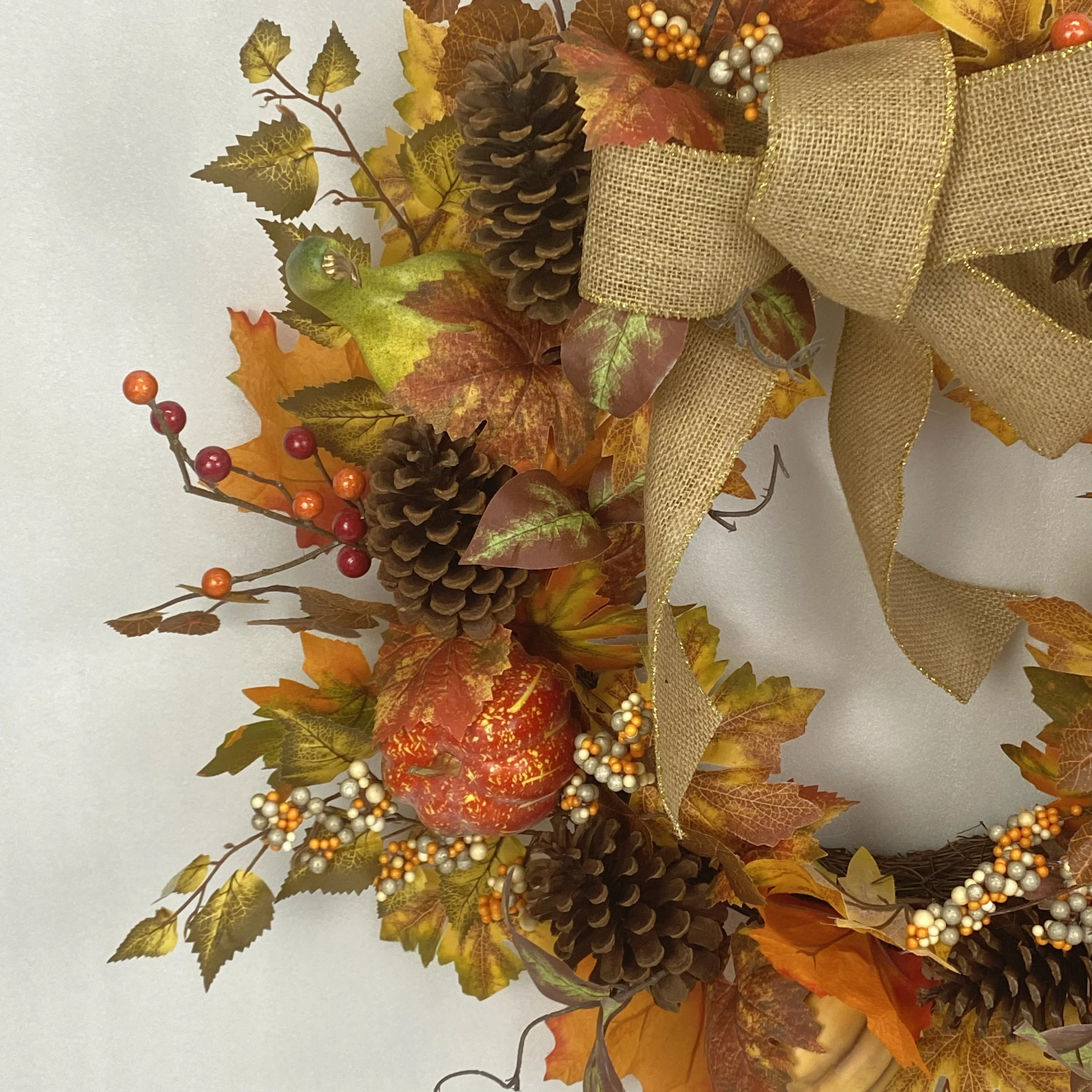 Artificial Harvest Plant Flower Wreath Yellow Maple Leaf Styrofoam Pumpkins Berry Natural Pinecone Autumn Wall Harvest Wreath