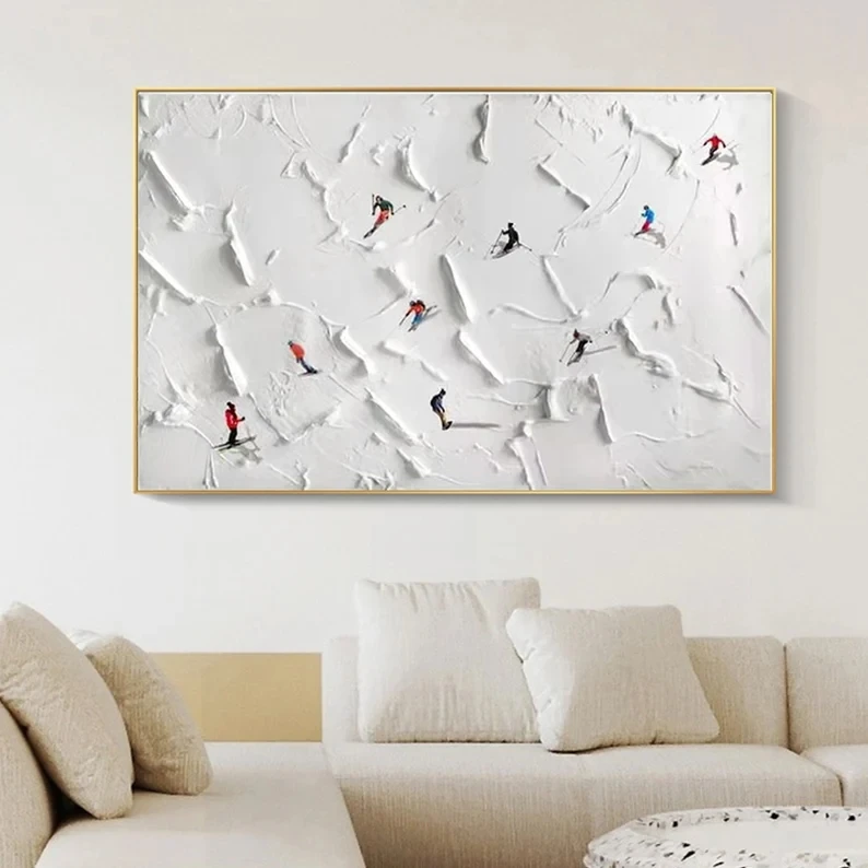 Best selling abstract heavy texture snow mountain skiing hand painting oil painting white canvas wall art for home decor