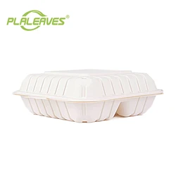 PLALEAVES Biodegradable 1000ml 3 Compartment Corn Starch Food Clamshell for Takeaway Eco Friendly Food Packaging