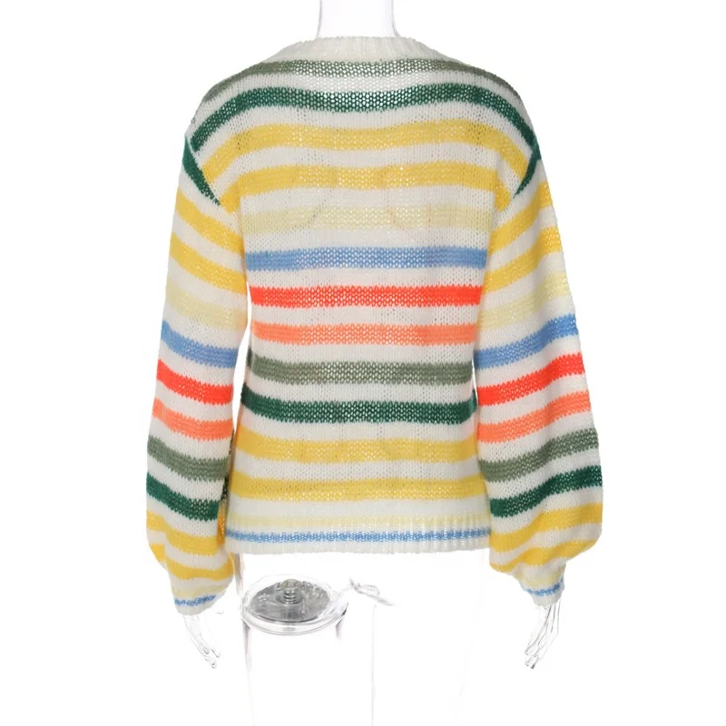 Custom Hand Knit Color Blocking Rainbow Coat Casual Long Sleeve Cardigan Sweaters Women Knit Cropped Cardigan Top Women Sweaters
