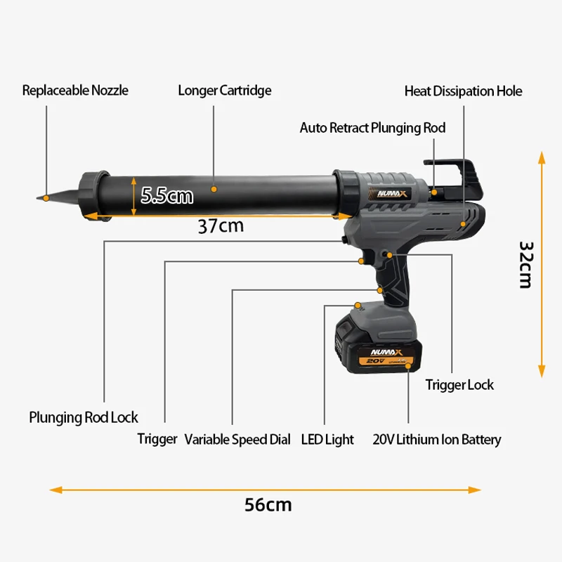Numax 6500N Anti-Drip Heavy Duty 300ML 600ML Silicone Cartridge Plastic Sausage Manufacturer Cordless Battery Power Caulking Gun