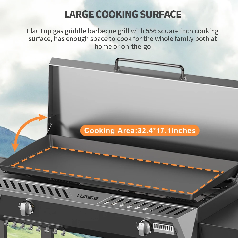 Two Side Shelf Camping Cooker Outdoor Griddle Two Burners Steel Gas Griddle with Hood