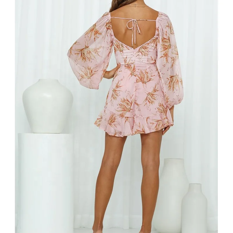 Женское летнее пляжное мини-платье с цветочным принтом, шифоновое платье с длинным рукавом в стиле бохо, повседневное облегающее пикантное платье с запахом и оборками, платье для вечеринки