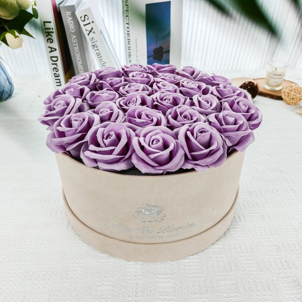 Color Nude Suede Boxes, Cylinder Velvet Round Rose Box For Flowers Bouquet Arrangement