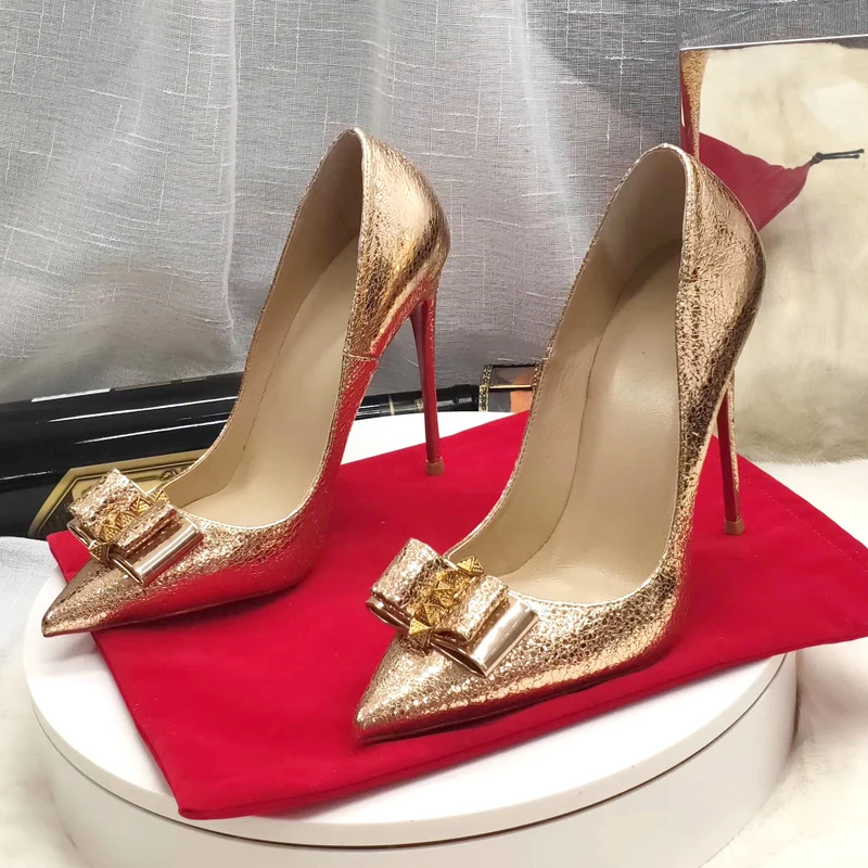 
Wholesale Gold Bow pointed toe Sexy High heels 8/10/12 cm Stiletto rivet studded pumps women shoes large size size 43 45 