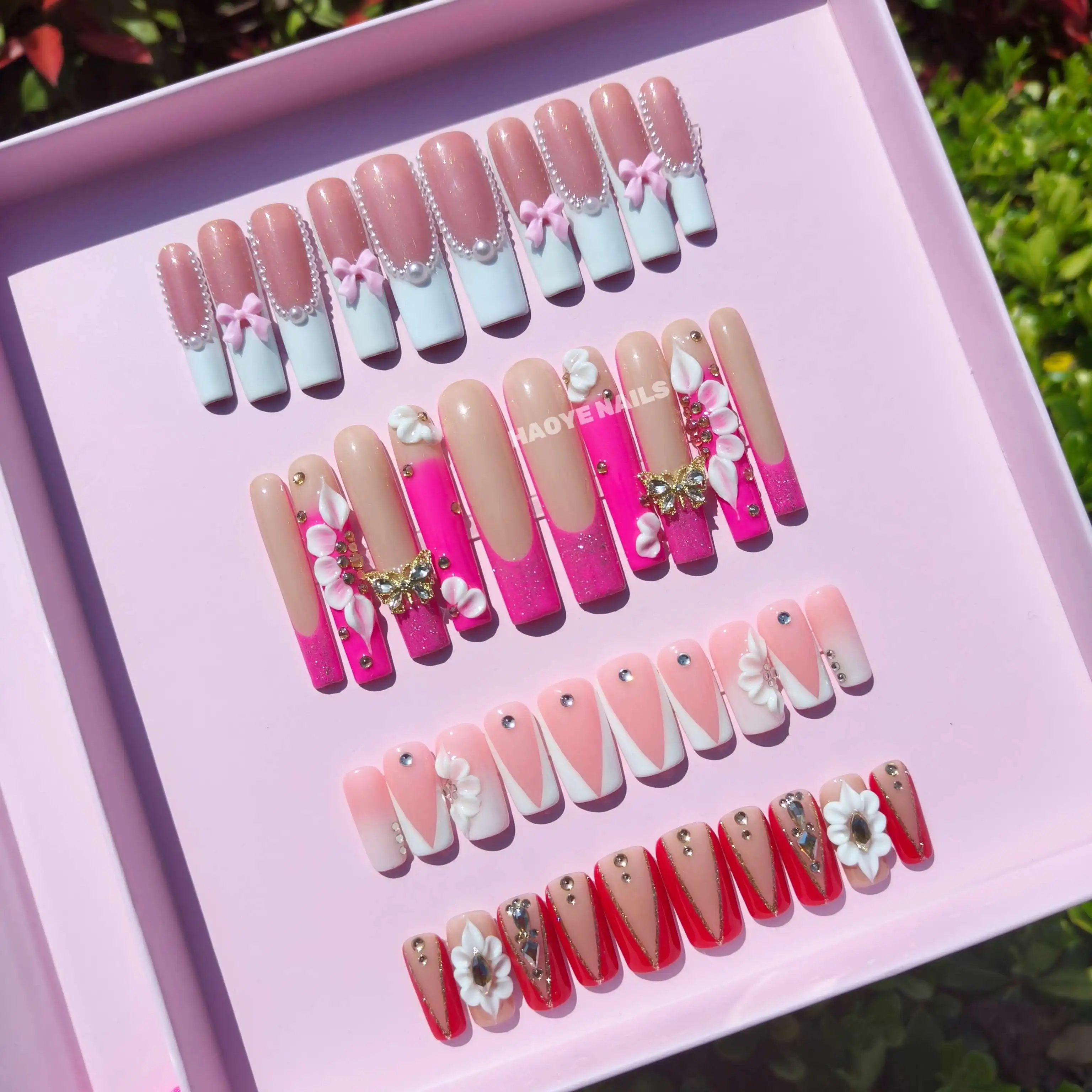 Free logo Long Ballerina Coffin Luxury  Diamond Press On Nails Custom Design Rhinestone Acrylic False Artificial Fingernails