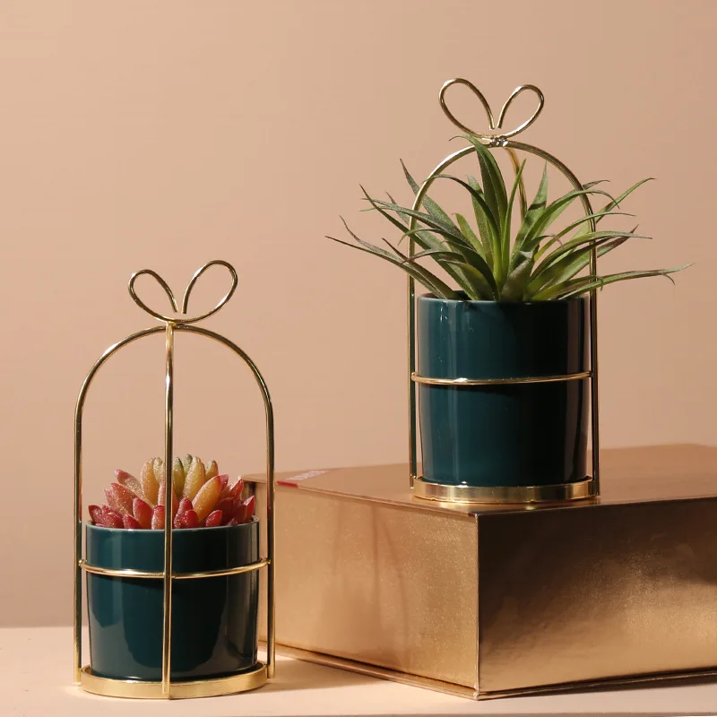 Mini nordic ins decorative ornaments home succulents iron metal frame ceramic flower pot set