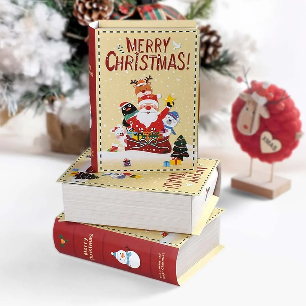 Merry Christmas Book Shaped Paper Candy Sweet Treat Dessert Gift Packaging Box Boxes for Xmas New Year Party Favor Decor
