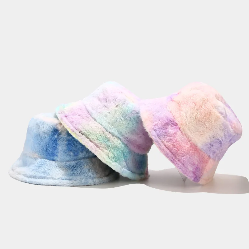 New cute girl rainbow colored plush fisherman hat for winter Japanese style small fresh warm bucket hat