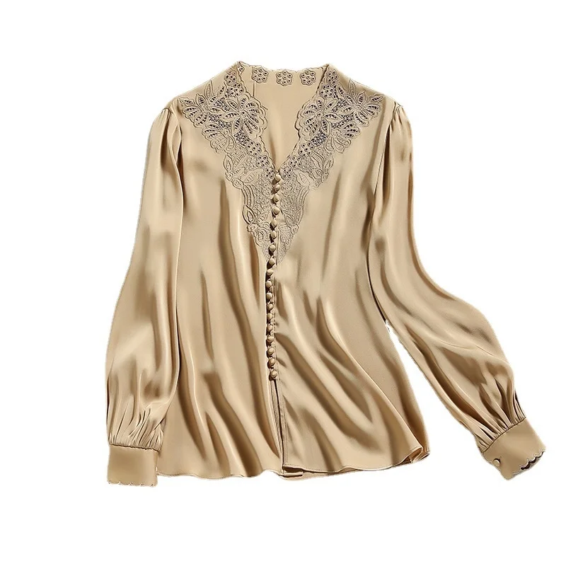 Heavy industry embroidery heavy weight natural  silk V-neck simulated silk shirt blouse women