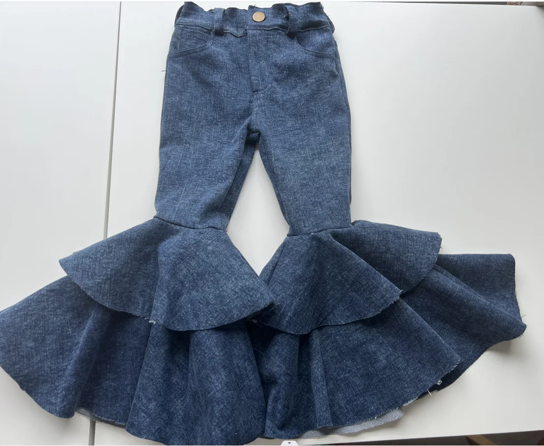 New Hot Sale Stylish Fall Winter Kids Denim Pumpkin Color Double Flared Bells Baby Girl Pumpkin Dual Ruffler Jeans Bells