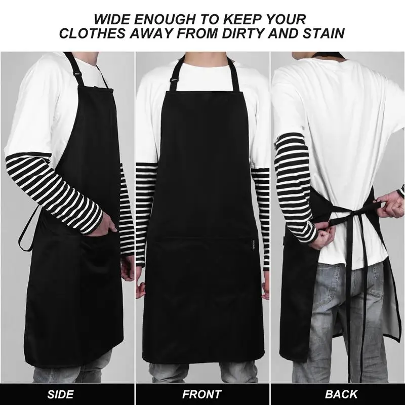 Custom Logo Women Men Unisex Cotton Polyester Waterproof Black Chef Kitchen Apron Restaurants Cooking Aprons