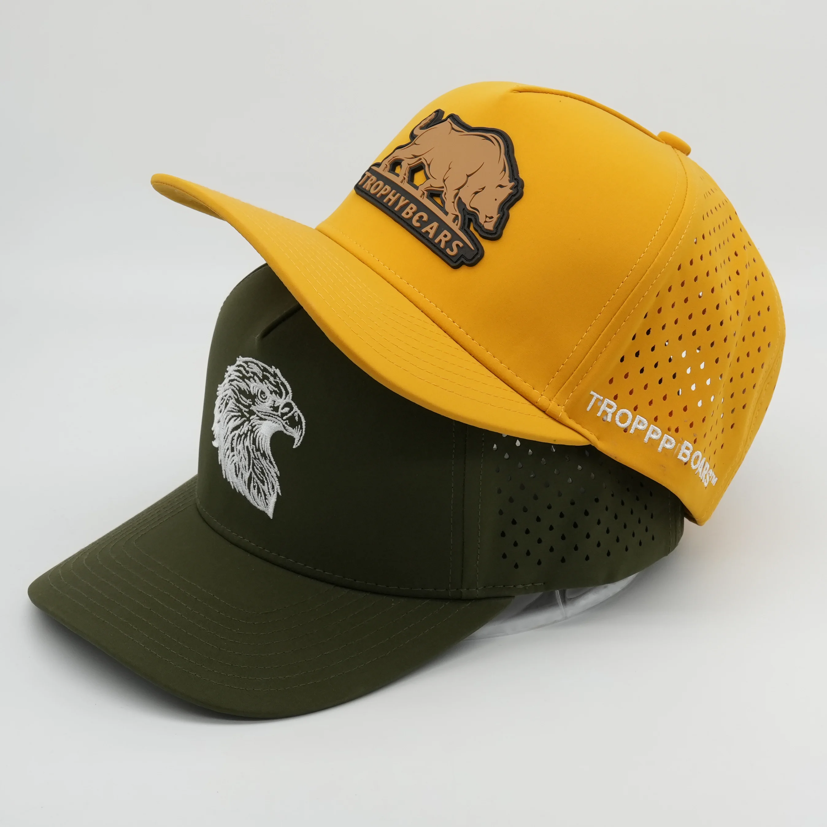 Breathable Custom 5 Panel Rubber Pvc Logo Rope Baseball Cap,Waterproof Laser Cut Hole Perforated Hat,Performance Sports Dad Hat