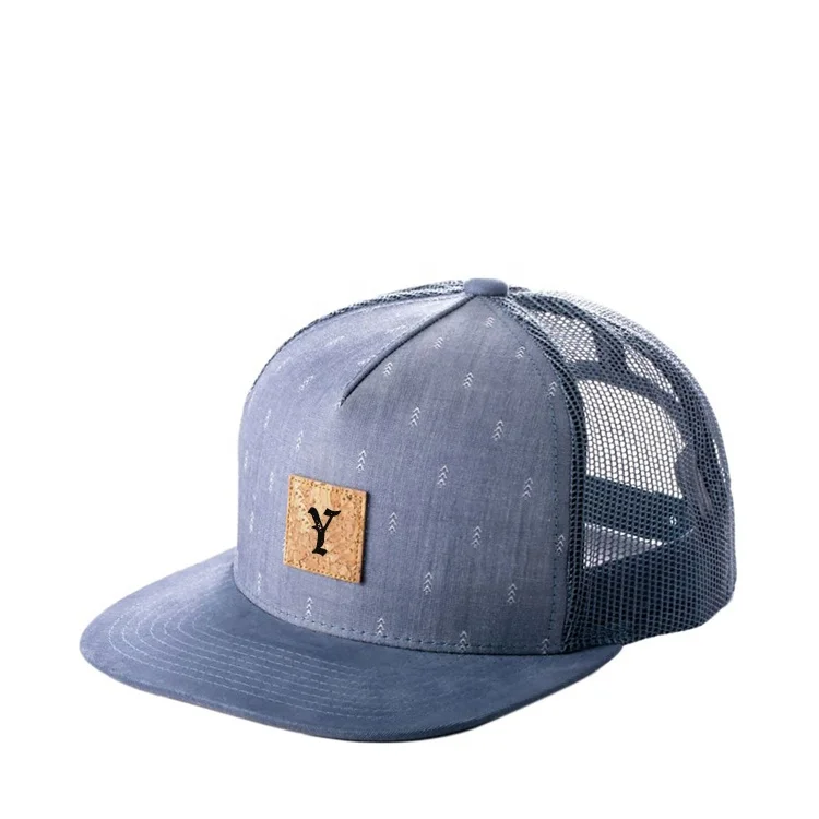 wholesale 5 panel custom cork snapback hat cap mesh trcuker hat with woven label