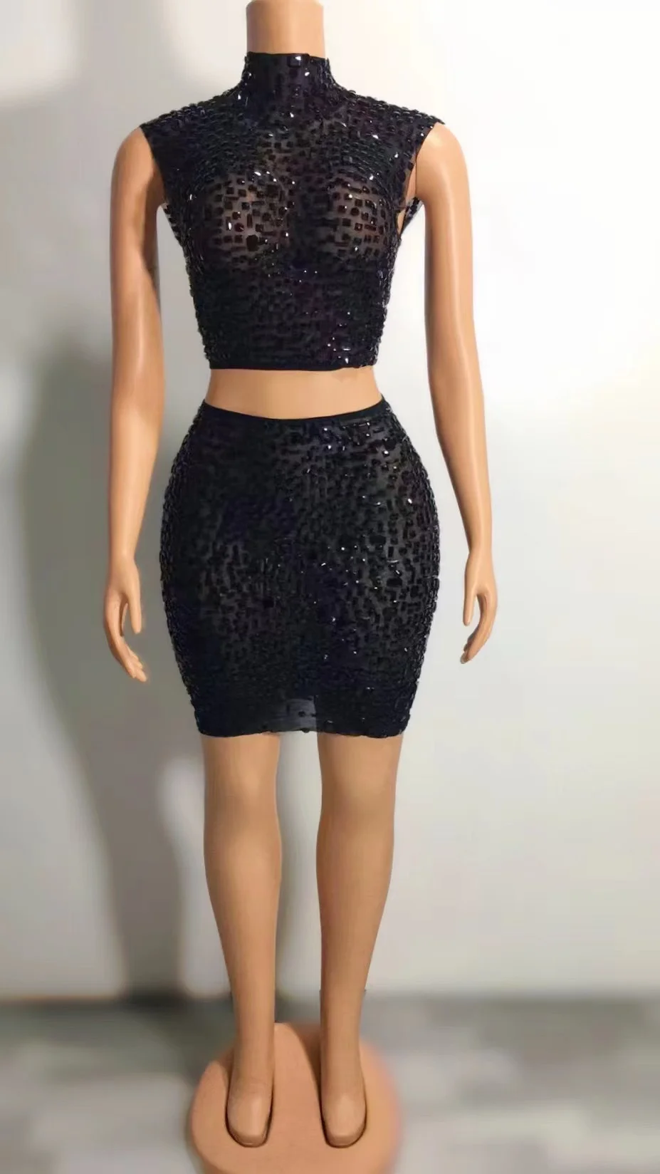 Latest Products Two Piece Set Women Stunning Bling Bling Rhinestones Clothing Glittering Crystals Cute Club Dresses High Neck