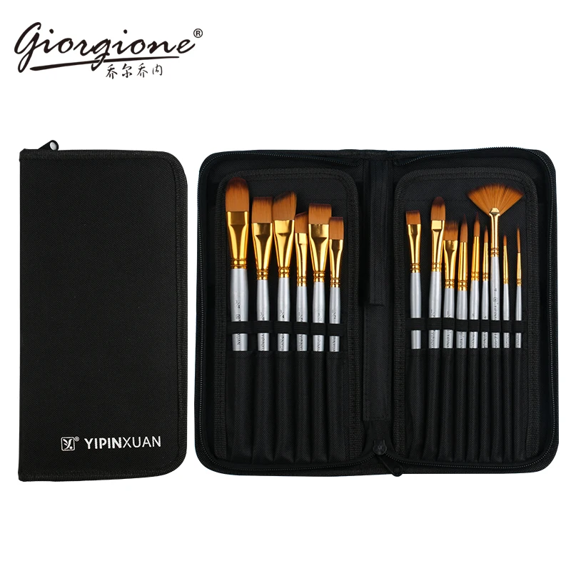 Paint Brush Free Cavas Bag Short Wood Handle Best Nylon Hair High Quality 15 Pieces Free Sample Canvas Bag Artist Brush Set