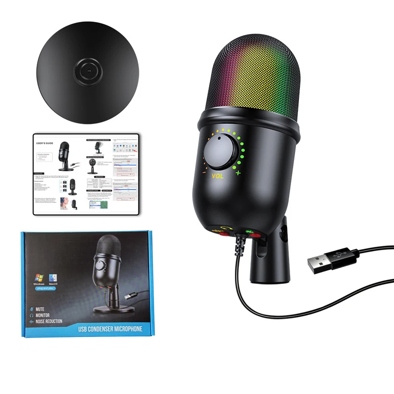 RGB Wired Studio Podcasting Gaming Microphone USB Stream Recording Desktop USB Condenser Mic Noise Cancelling Microphone