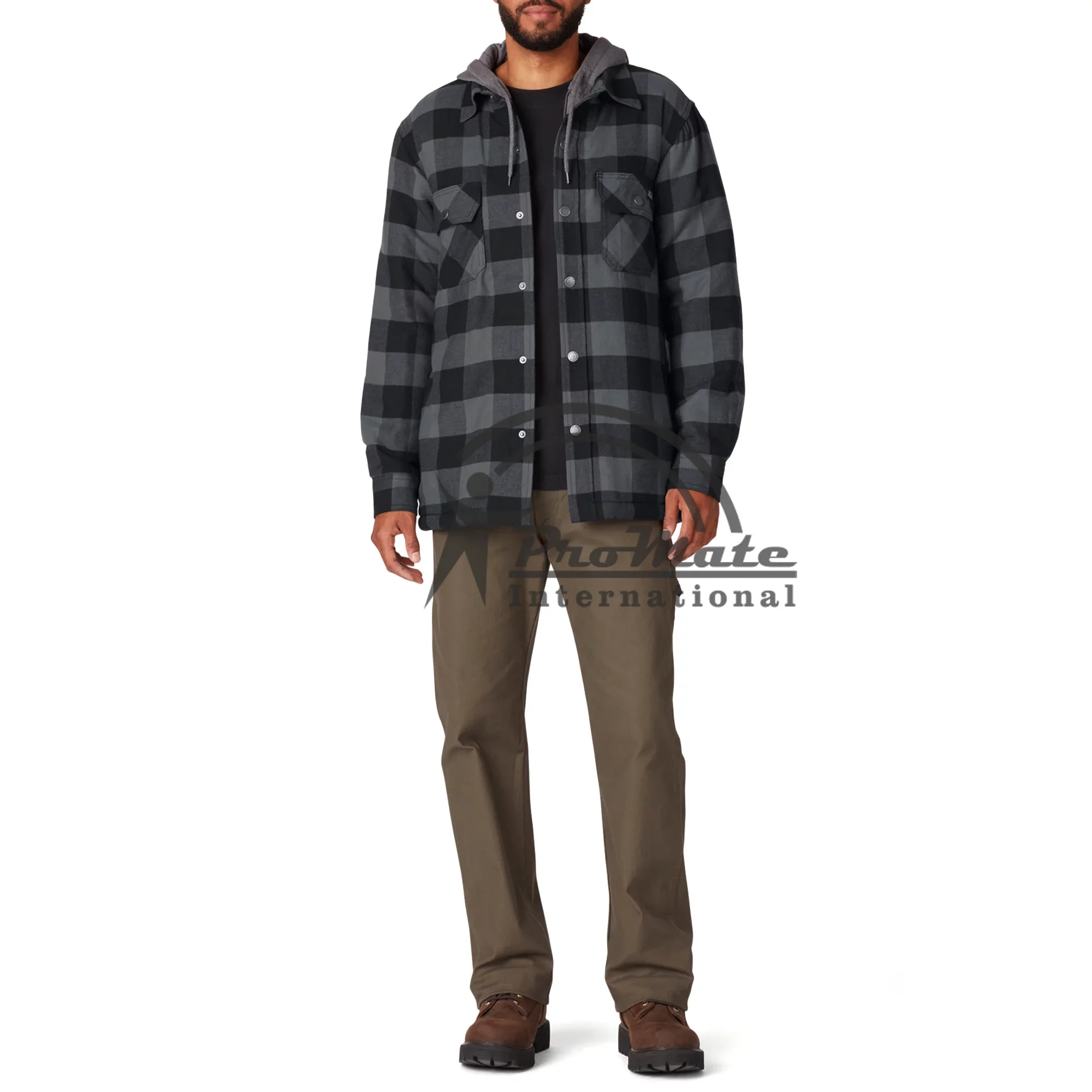 Q20Z44- Flannel Jacket Custom Design Flannel Fabric Men Plaid Yar Dyed Jacket with hood Zip up & Button up