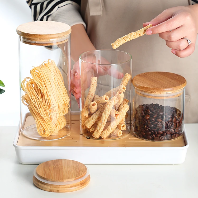 Wholesale Round Clear 16 Oz 24 Oz Glass Canister Jar Set With Bamboo Wooden Lid For Kitchen Spice Tea Coffee Storage