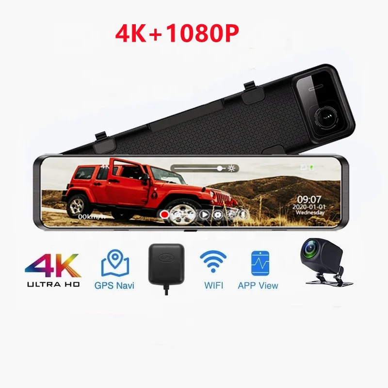 4K + 1080P 12 дюймов сенсорный экран с двойным объективом зеркальный Автомобильный видеорегистратор передний и задний 4k Wi-Fi GPS ночного видения