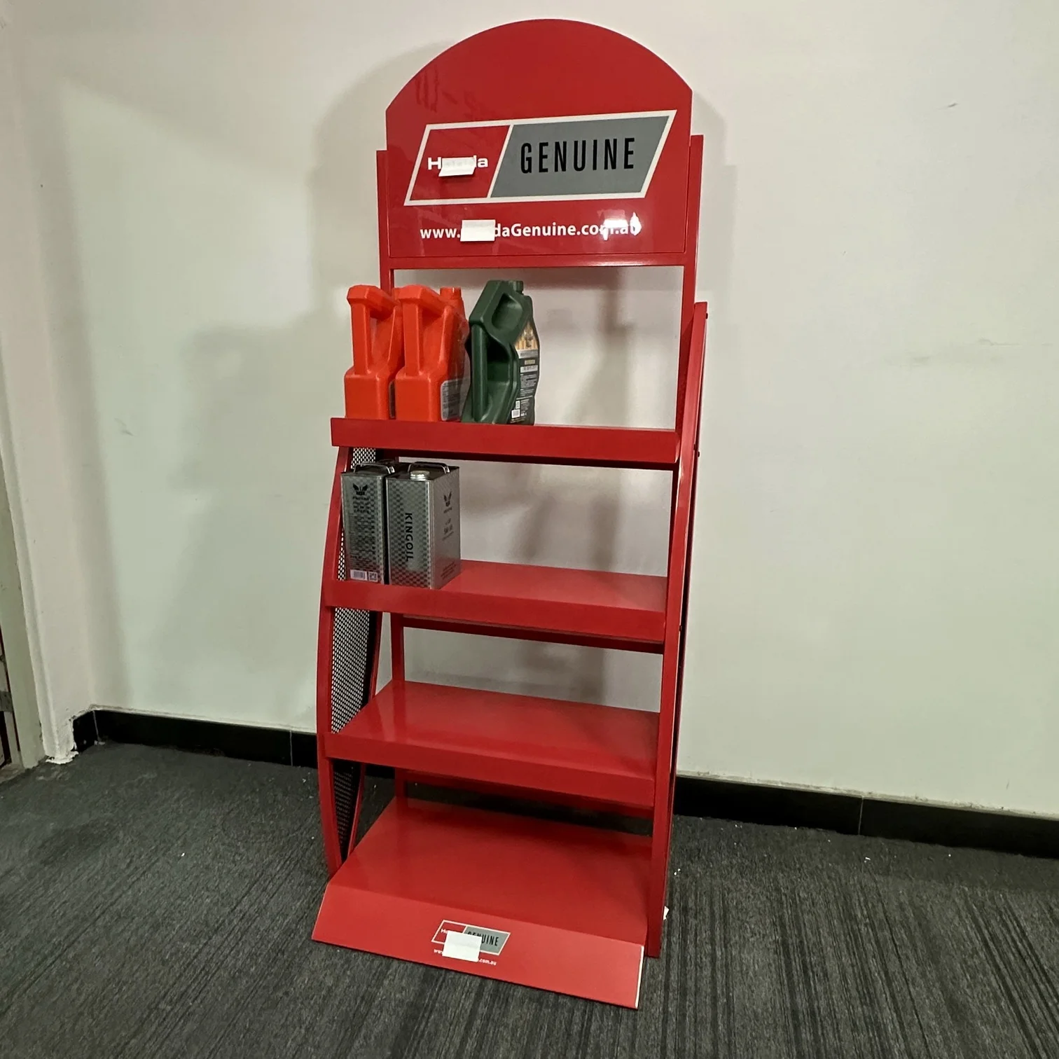 Custom Floor Standing Metal Auto Engine Motor Lubricating Oil Display Shelf Stand Rack