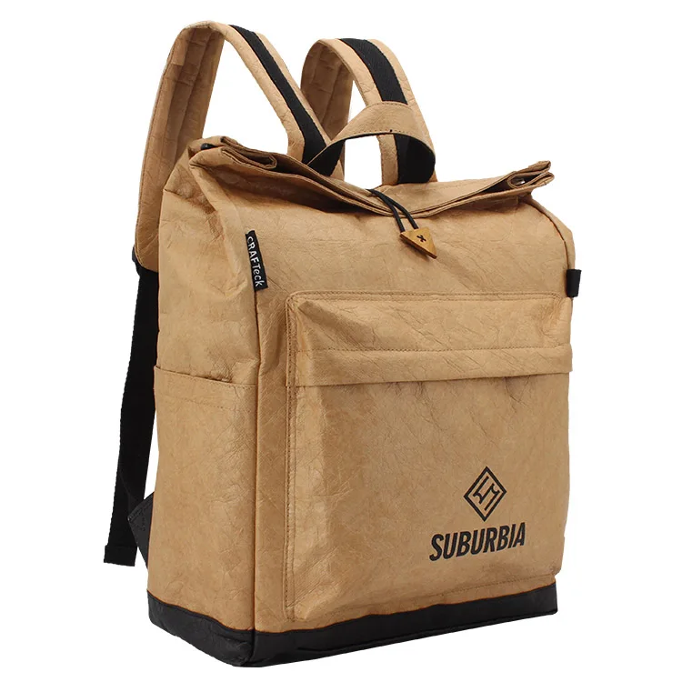 Eco-friendly waterproof brown TYVFK paper fabric durable custom 100% recycled backpack